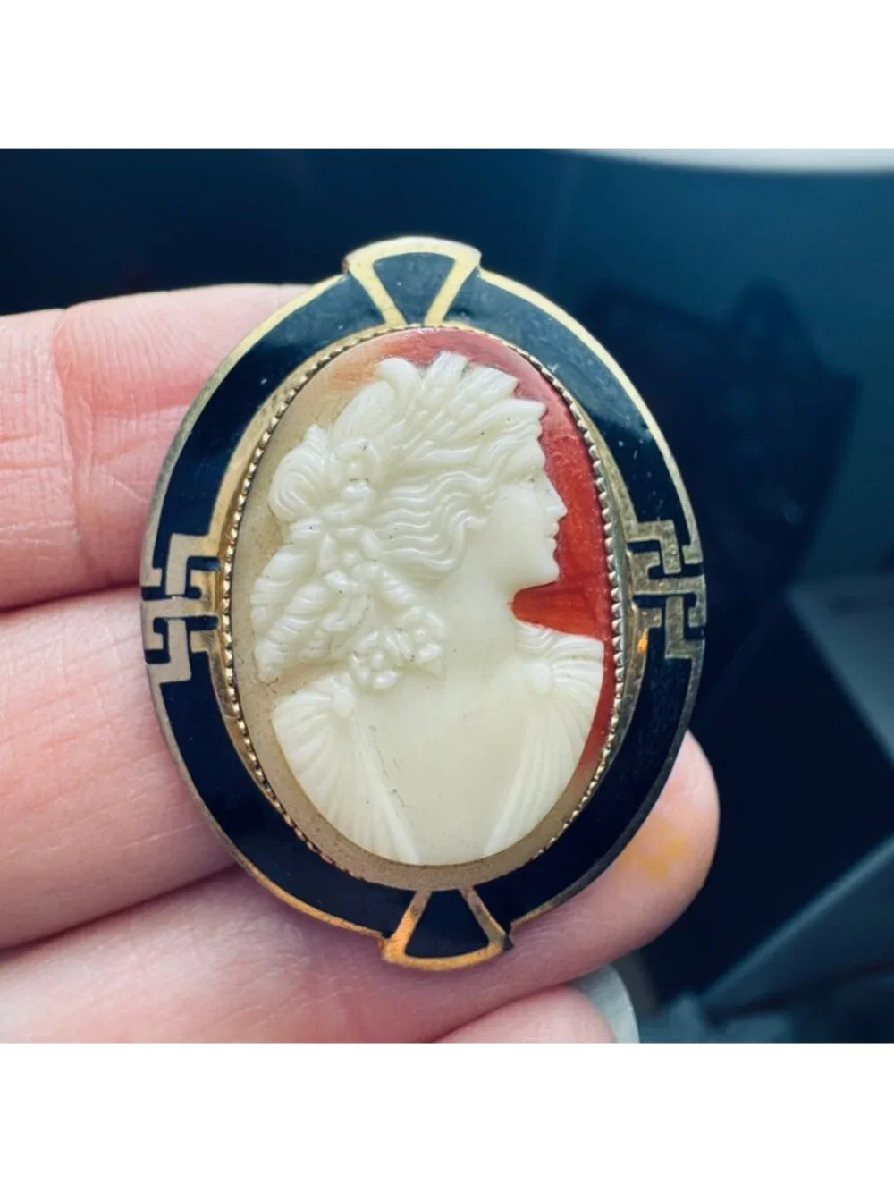 Vintage Cameo Art Deco Brooch 12k GF Frame Greek Key Border Gold w/ Black Enamel
